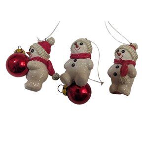 Snowman Christmas Ornaments Set Of 3 - Glittery Red Ball & Scarf Holiday Decorat